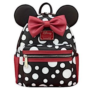 Loungefly Disney Minnie Mouse Mini Backpack W/Ears Red/Black/White Polka Dot NWT